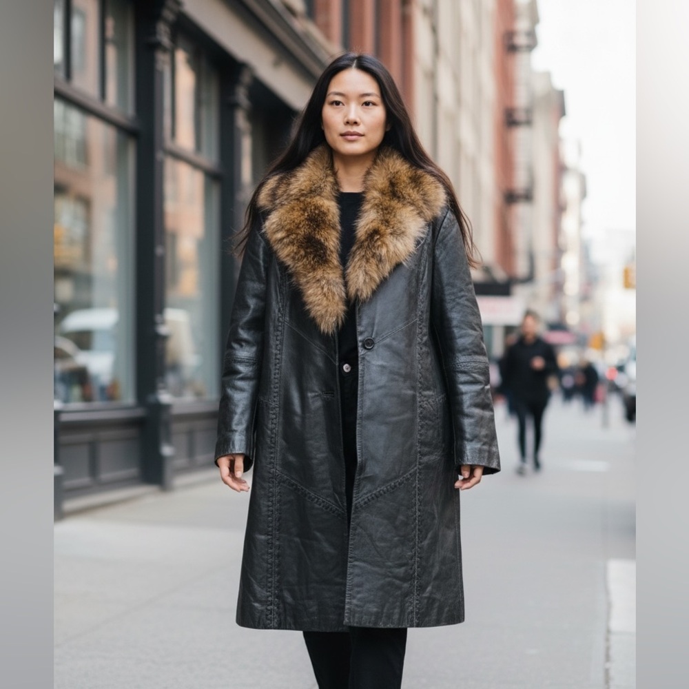 Via Accenti Long Leather Coat with Detachable Fur size 16W